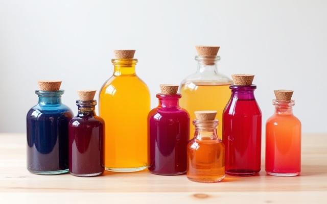 Vibrant, non-toxic organic dyes in glass apothecary jars, showing a rich color palette, ready for silk dyeing.